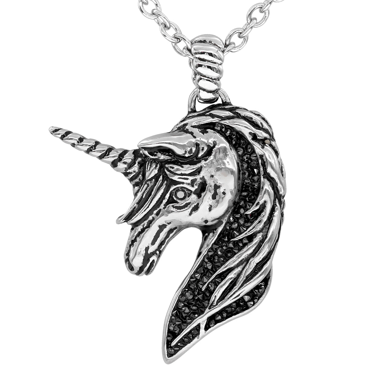 Black Shimmer Unicorn Necklace with CZ Stones - Stainless Steel Pendant & Chain Included Bijou Her