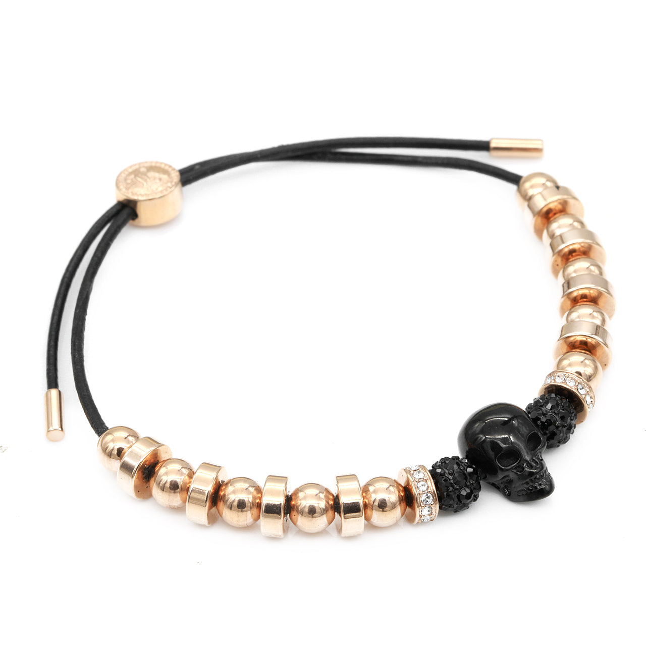 Black Skull & Rose Gold Pull Cord Bracelet - Fashionable and Dark Twist Jewelry Bijou Her