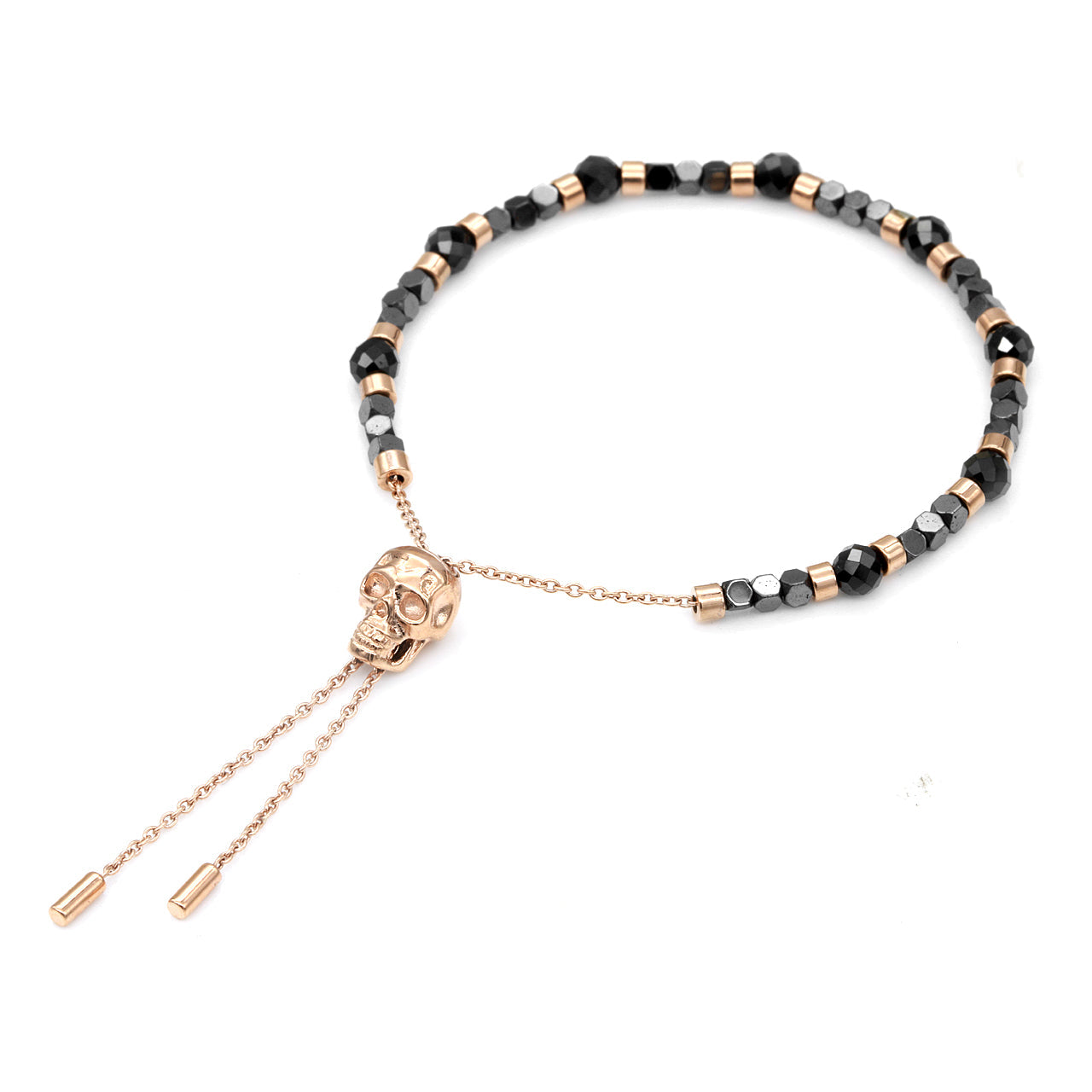 Black Spinel and Hematite Bead Rose Gold Skull Bracelet Bijou Her