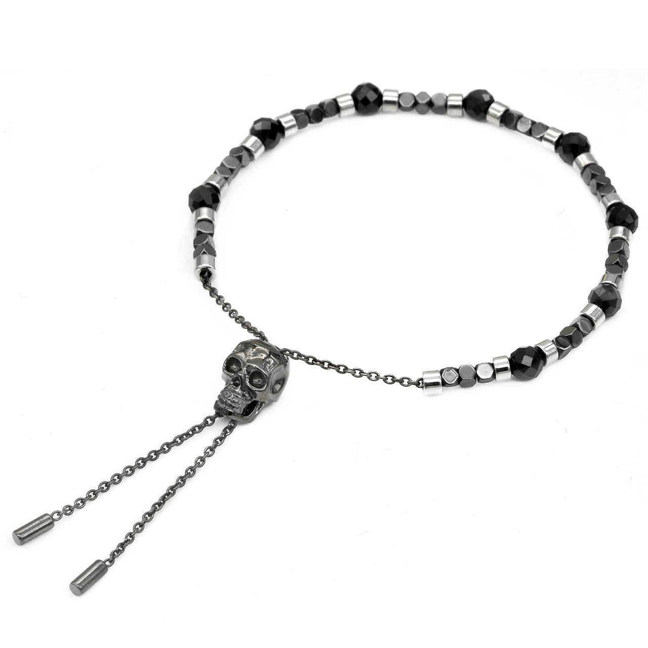 Black Spinel and Hematite Bead Skull Pull-Chain Bracelet - Killer Accessory Bijou Her