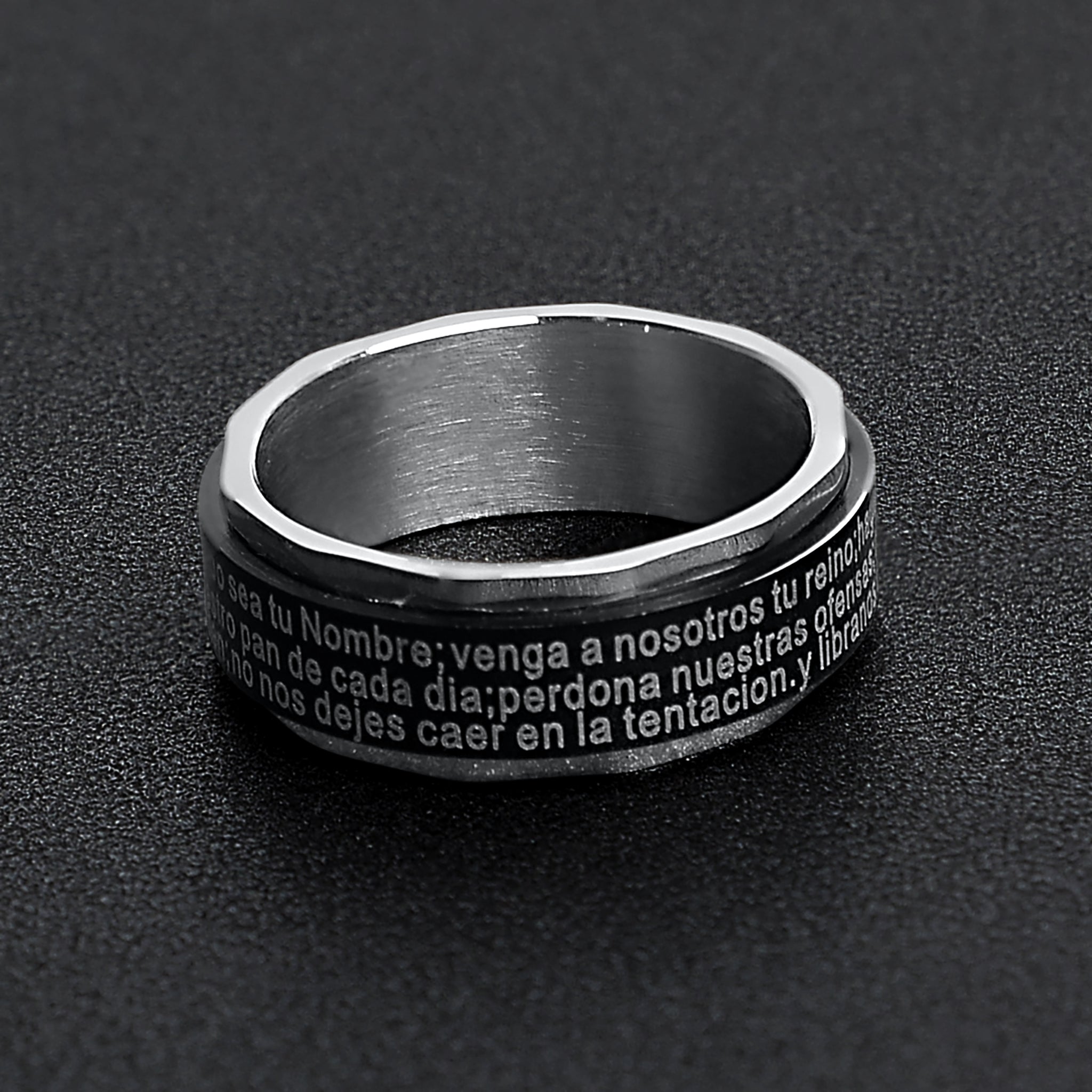 Black Stainless Steel Spanish Lord's Prayer Spinner Ring - Unique and Stylish Faith Jewelry Bijou Her