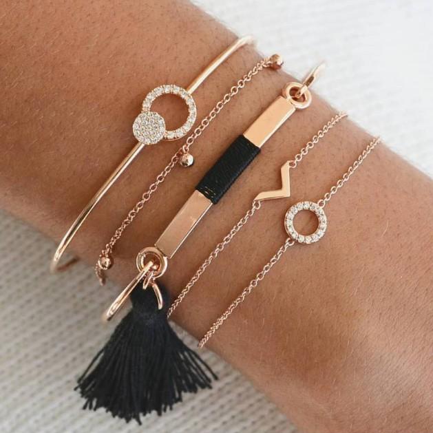 Black Tassel Pav'e Bracelet Set - 14K Gold Plated, White Crystal Pav'e, Hypoallergenic, Italy Design Bijou Her