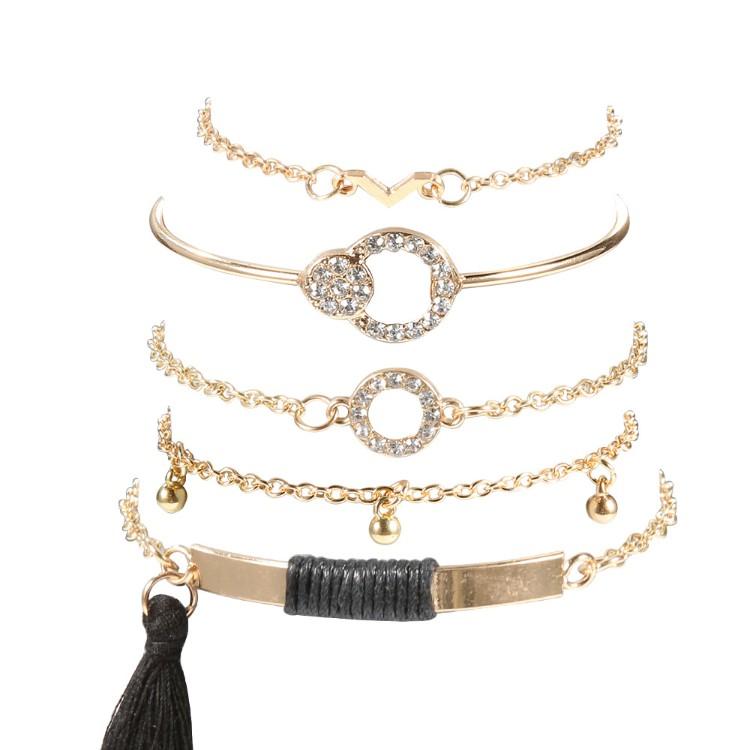 Black Tassel Pav'e Bracelet Set - 14K Gold Plated, White Crystal Pav'e, Hypoallergenic, Italy Design Bijou Her