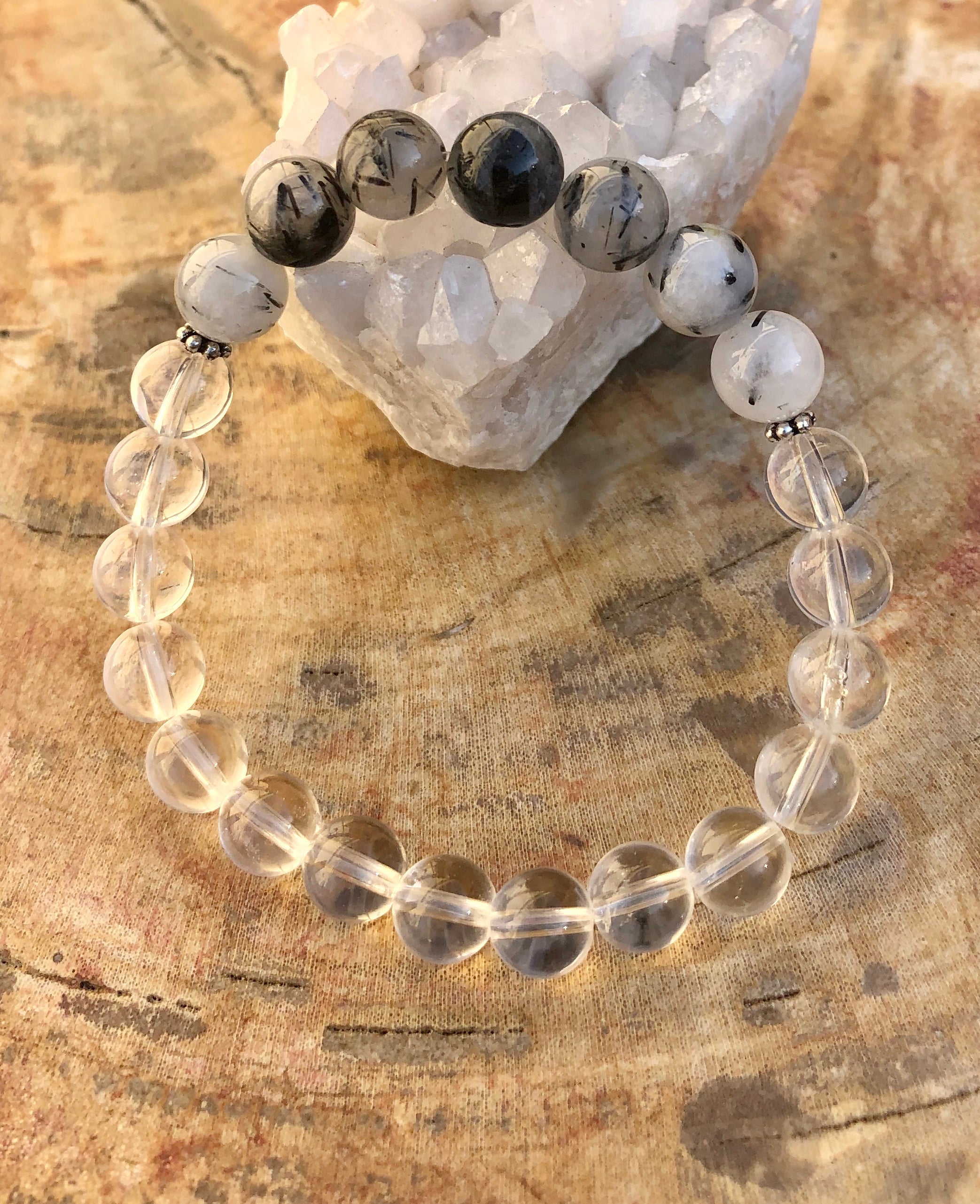 Black Tourmaline & Crystal Quartz Bracelet - All-Natural Protection & Healing Stone Bijou Her