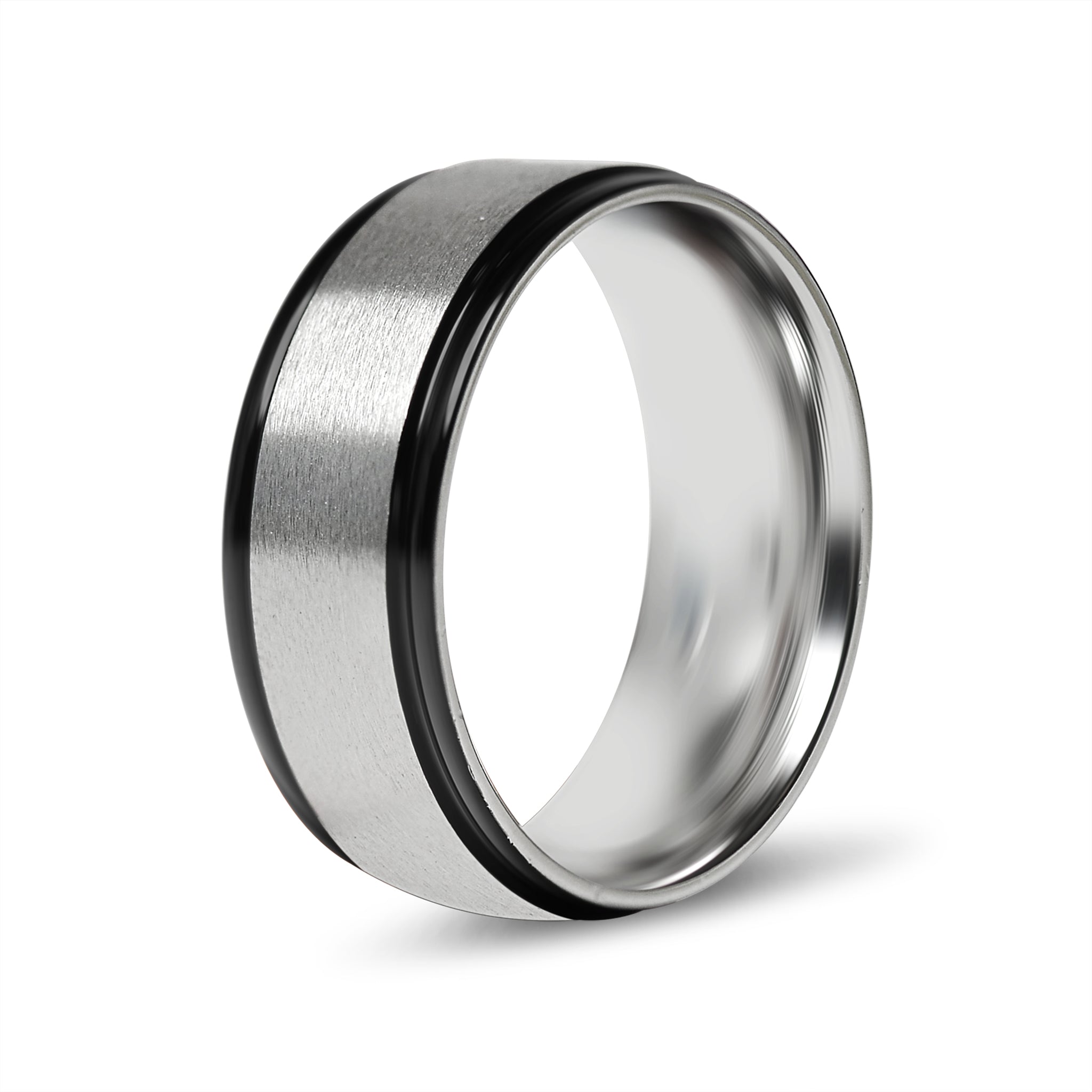 Black Trim Stainless Steel Blank Ring - Brushed Center, Customizable, Hypoallergenic, 6mm/8mm Widths Bijou Her