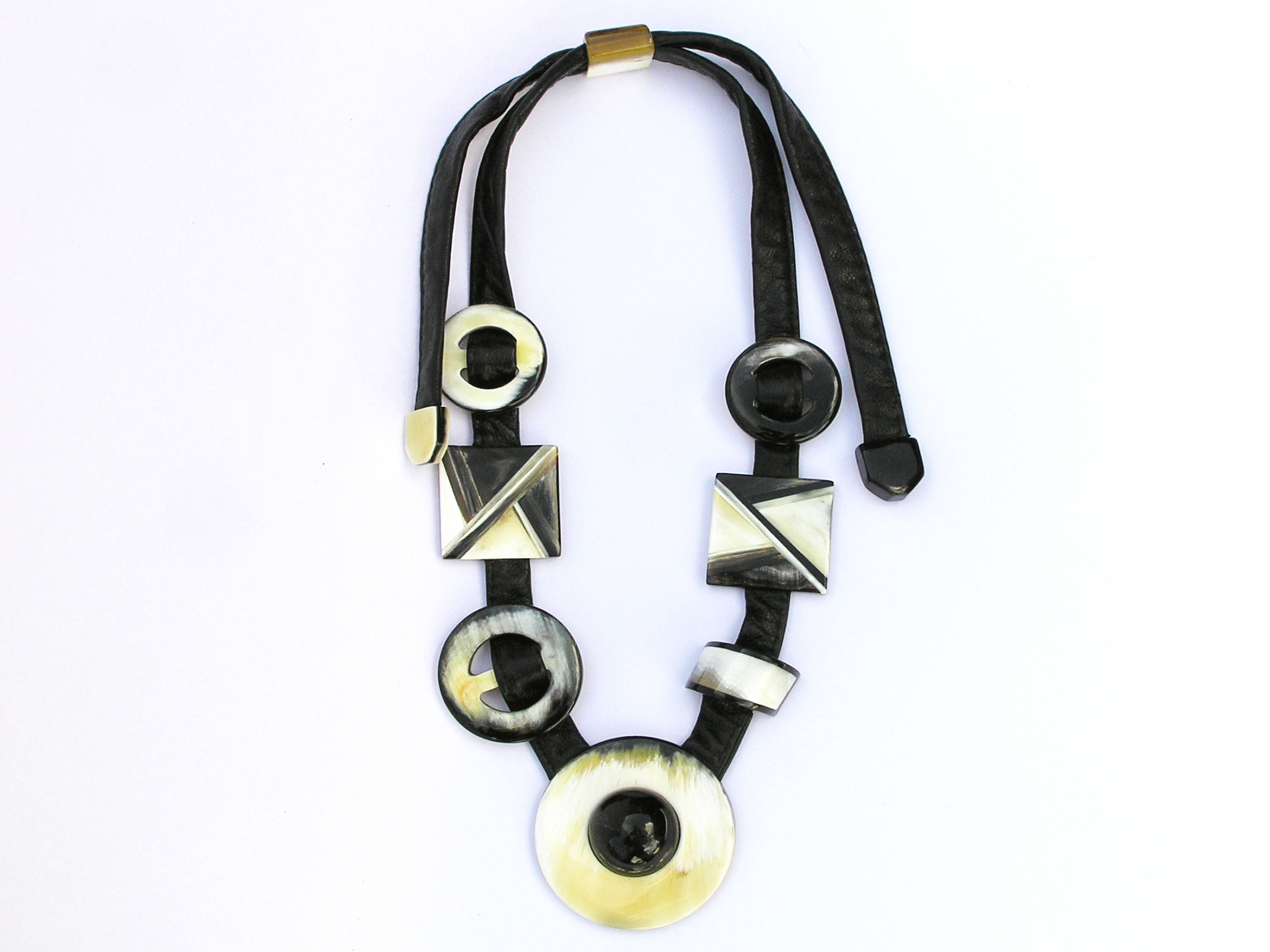 Black and White Buffalo Horn Inlaid Necklace for Women - Handcrafted Organic Statement Piece with Leather Cord Clasp Bijou Her