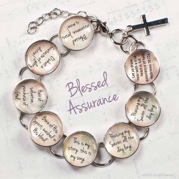 Blessed Assurance Hymn & Scripture Charm Bracelet - Handcrafted Glass Charms with Dangling Cross Bijou Her