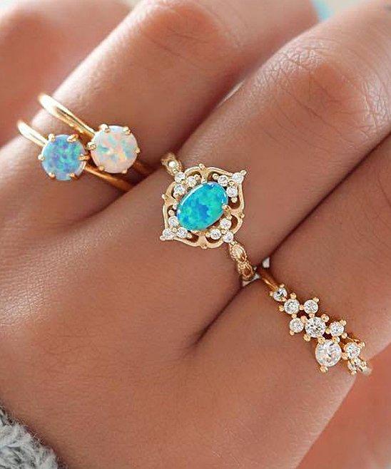 Blue Austrian Crystal Ring Set with 18k Gold Plating - Set of 4 Bijou Her