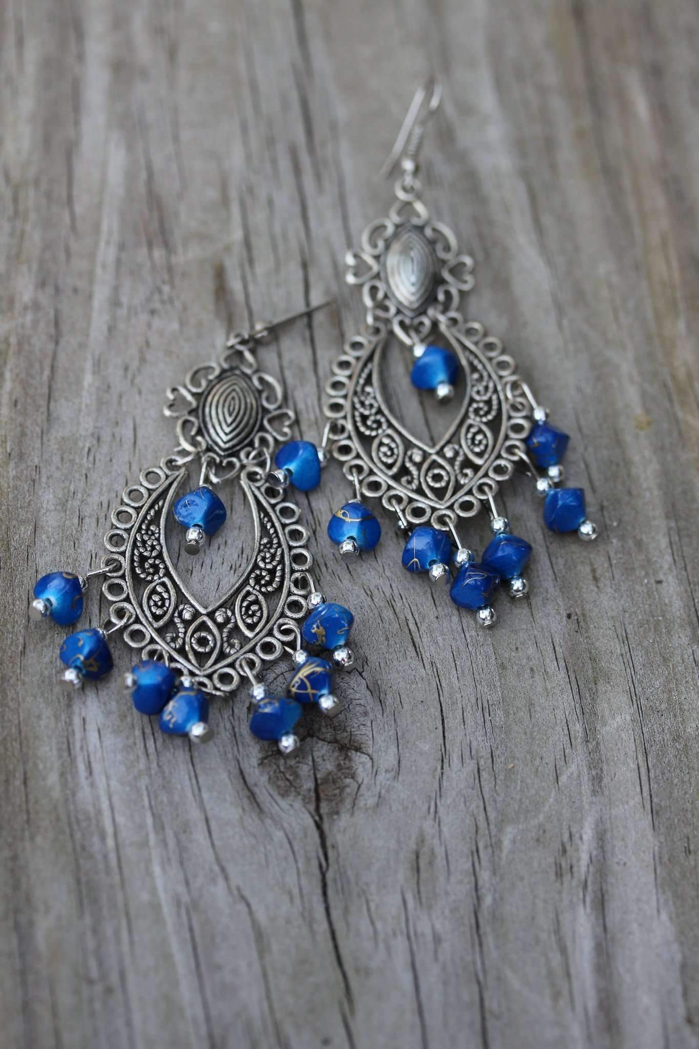 Blue Beaded Scrollwork Earrings - Handcrafted 3.5" Length, 1.5" Width Bijou Her