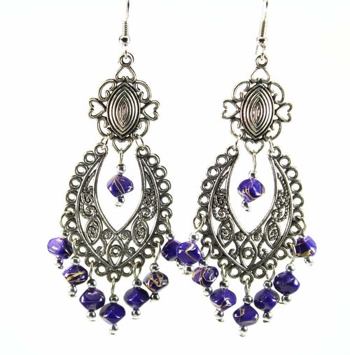 Blue Beaded Scrollwork Earrings - Handcrafted 3.5" Length, 1.5" Width Bijou Her