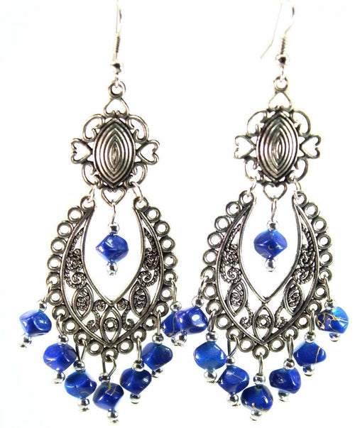 Blue Beaded Scrollwork Earrings - Handcrafted 3.5" Length, 1.5" Width Bijou Her