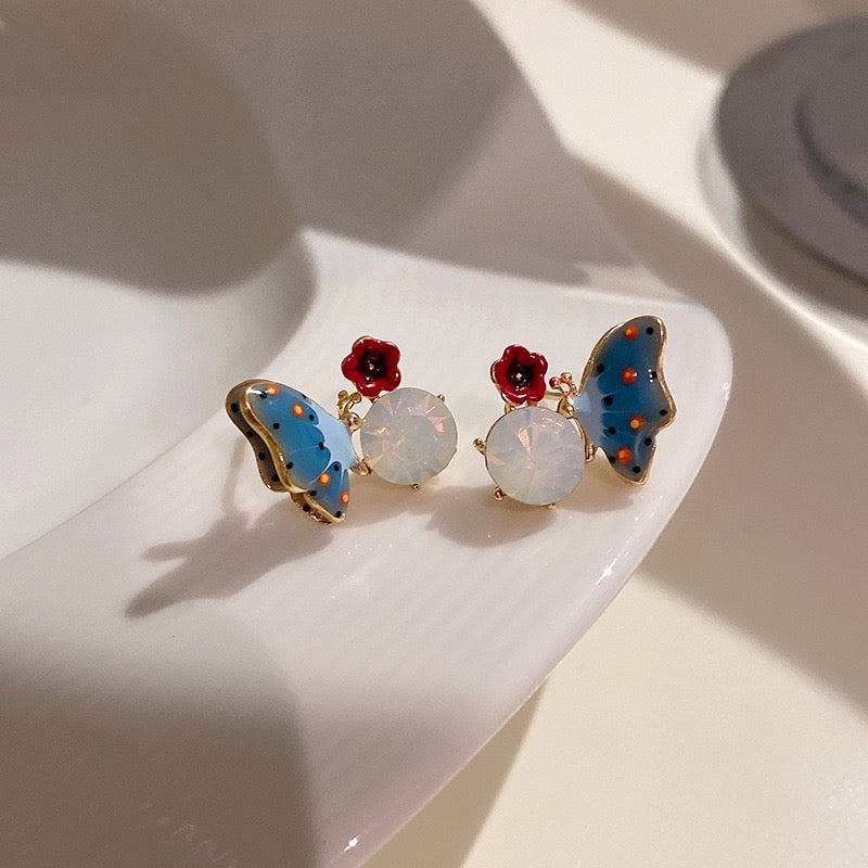 Blue Butterfly and Red Flower Ear Studs with Gemstones and Alloy Material Bijou Her