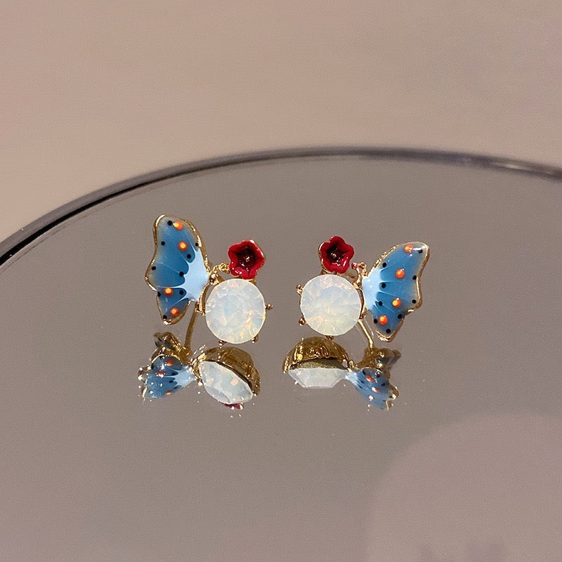 Blue Butterfly and Red Flower Ear Studs with Gemstones and Alloy Material Bijou Her