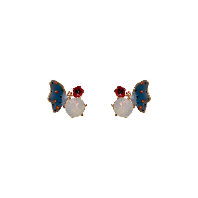 Blue Butterfly and Red Flower Ear Studs with Gemstones and Alloy Material Bijou Her