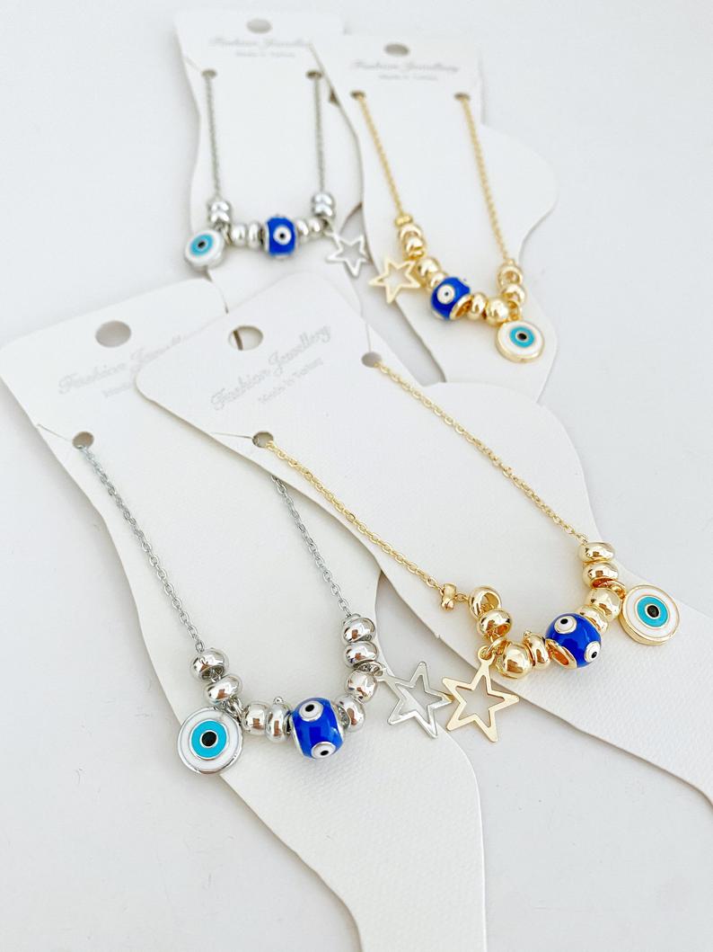 Blue Evil Eye Anklet - Gold or Silver Chain Bracelet for Summer and Beach Jewelry - 10 Inch Length Bijou Her