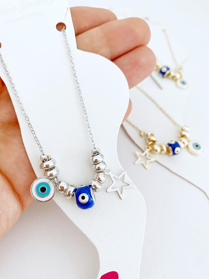 Blue Evil Eye Anklet - Gold or Silver Chain Bracelet for Summer and Beach Jewelry - 10 Inch Length Bijou Her