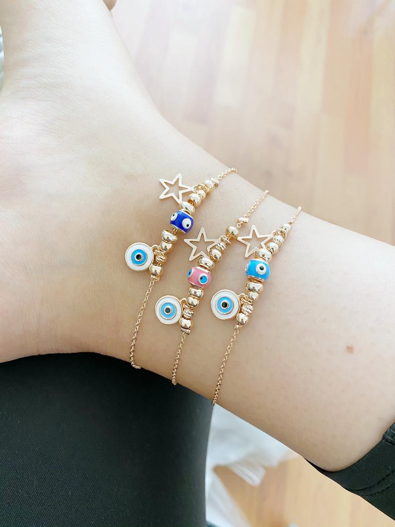 Blue Evil Eye Anklet - Gold or Silver Chain Bracelet for Summer and Beach Jewelry - 10 Inch Length Bijou Her