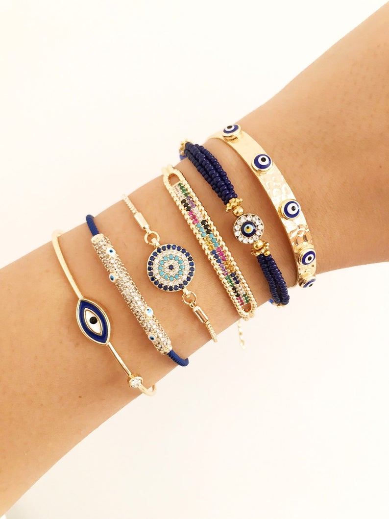 Blue Evil Eye Bracelet Set, Greek Bangle Bracelet, Seed Beads Bracelet Bijou Her