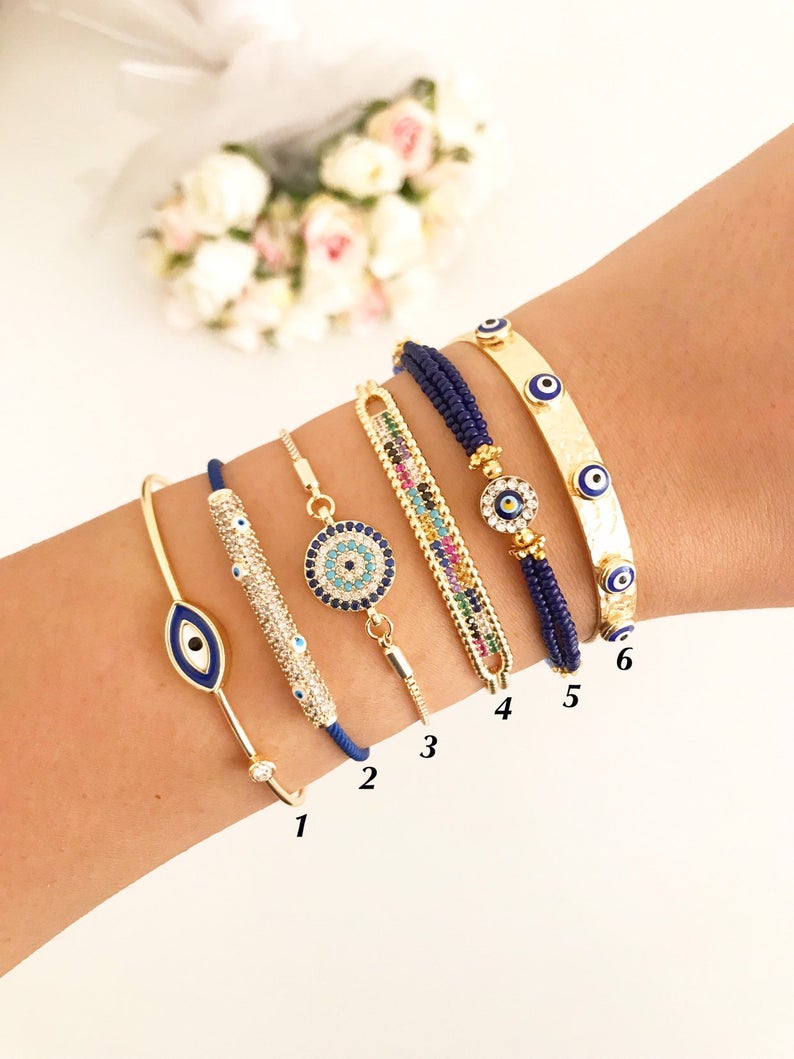 Blue Evil Eye Bracelet Set, Greek Bangle Bracelet, Seed Beads Bracelet Bijou Her