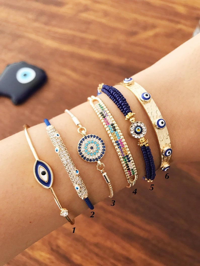 Blue Evil Eye Bracelet Set, Greek Bangle Bracelet, Seed Beads Bracelet Bijou Her