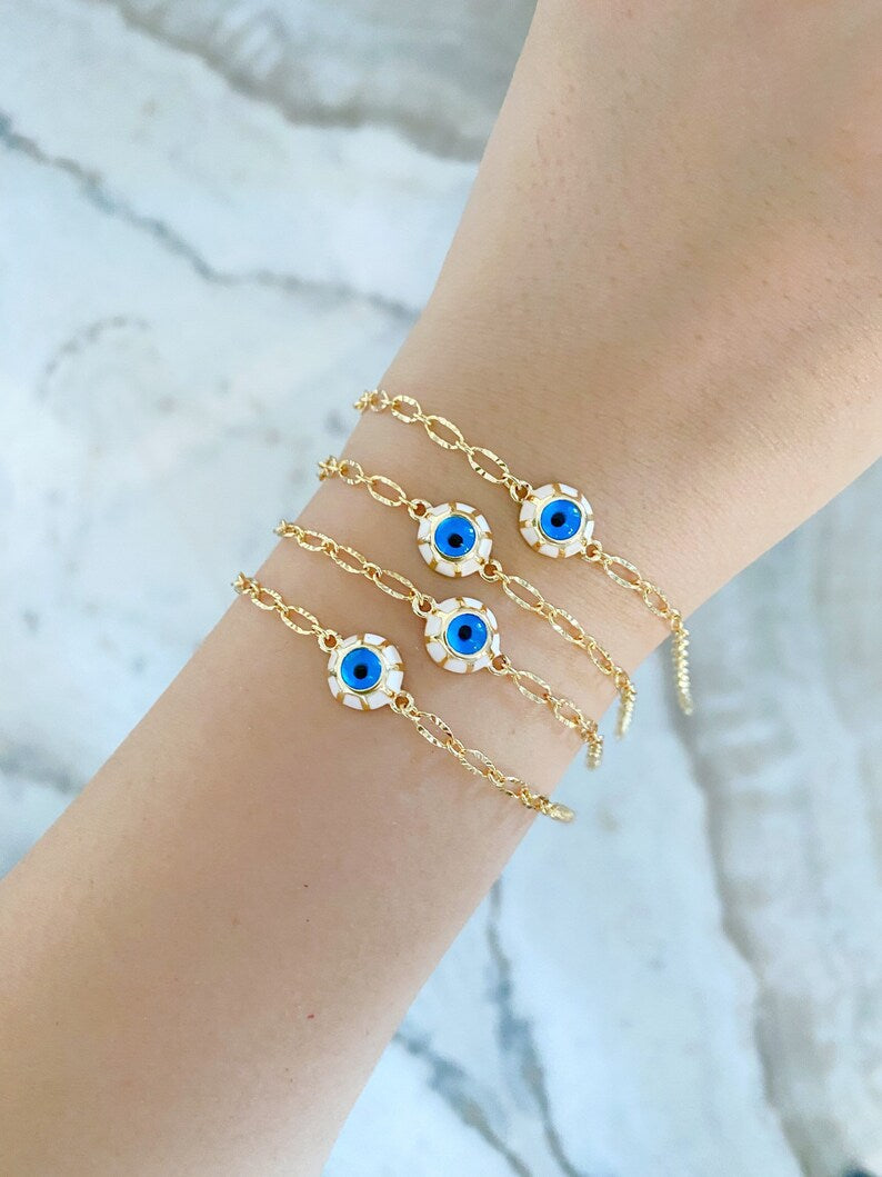 Blue Evil Eye Bracelet with Gold Chain - Minimalist and Adjustable Waterproof Jewelry Bijou Her