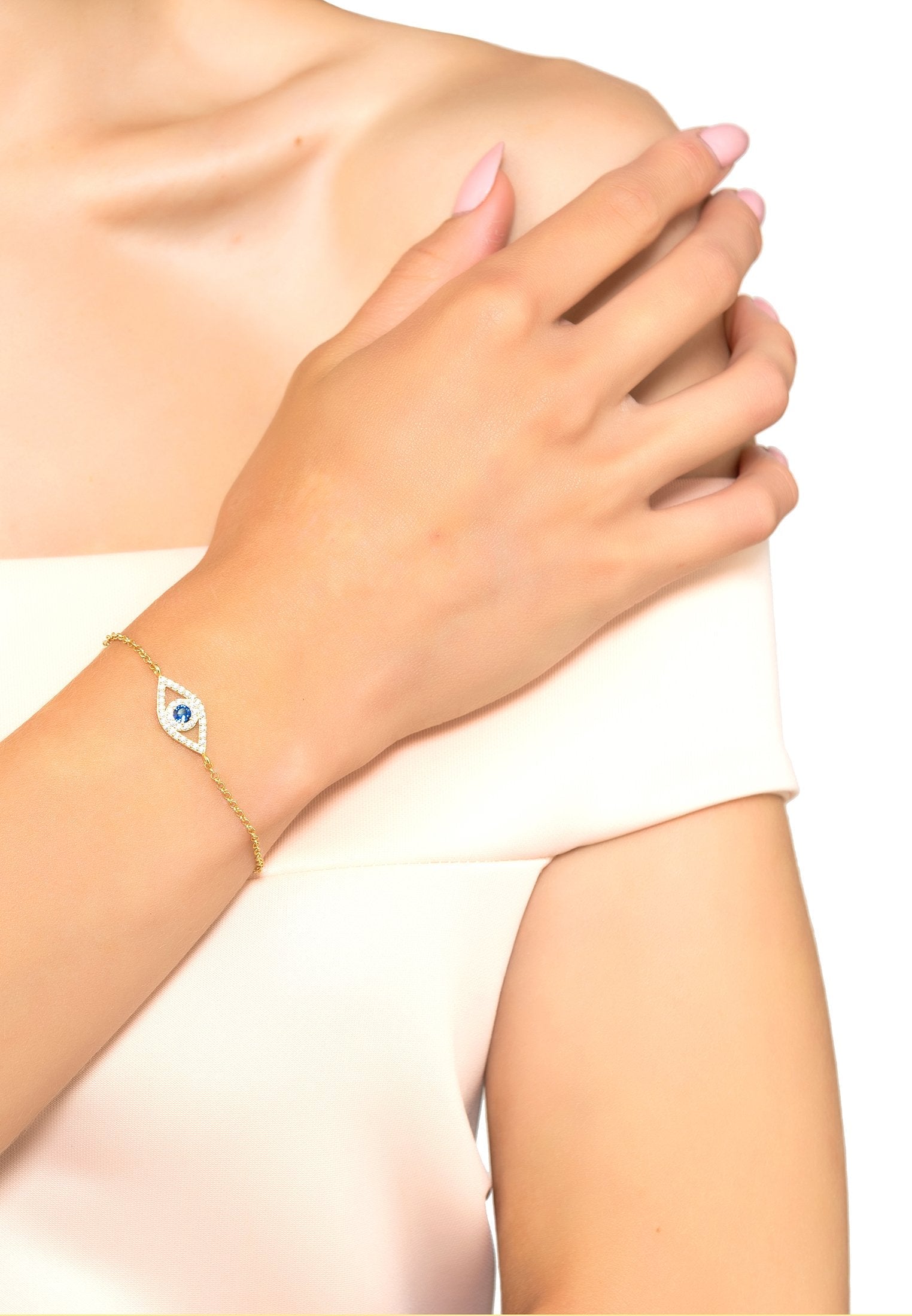 Blue Evil Eye Elliptical Bracelet with Rosegold Charm and Cubic Zirconia - 16-20cm Length Bijou Her