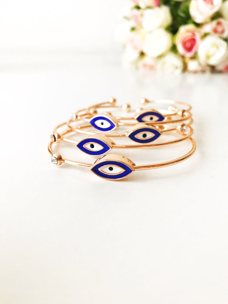 Blue Evil Eye Seed Beads Cuff Bracelet Set with Gold Finish Bijou Her