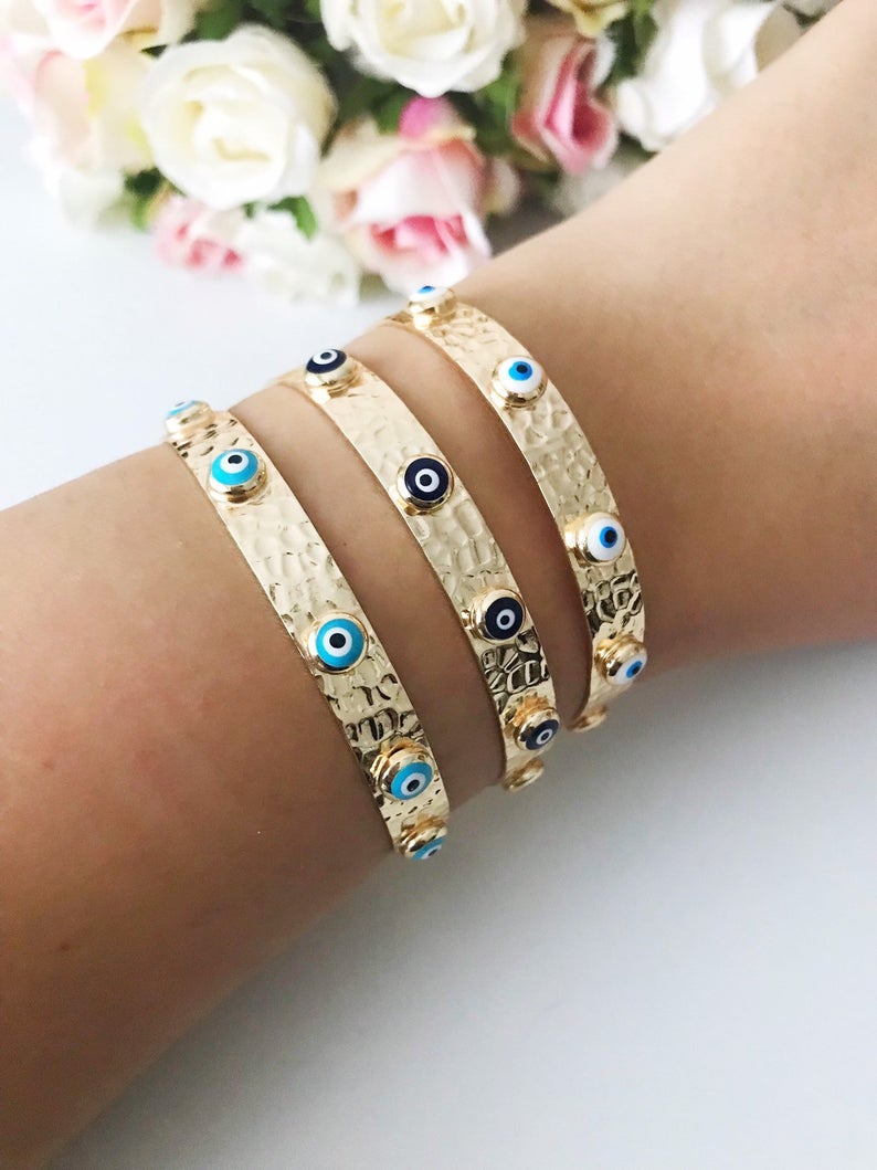 Blue Evil Eye Seed Beads Cuff Bracelet Set with Gold Finish Bijou Her