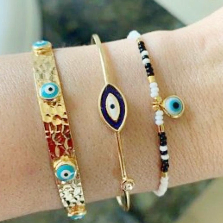 Blue Evil Eye Seed Beads Cuff Bracelet Set with Gold Finish Bijou Her