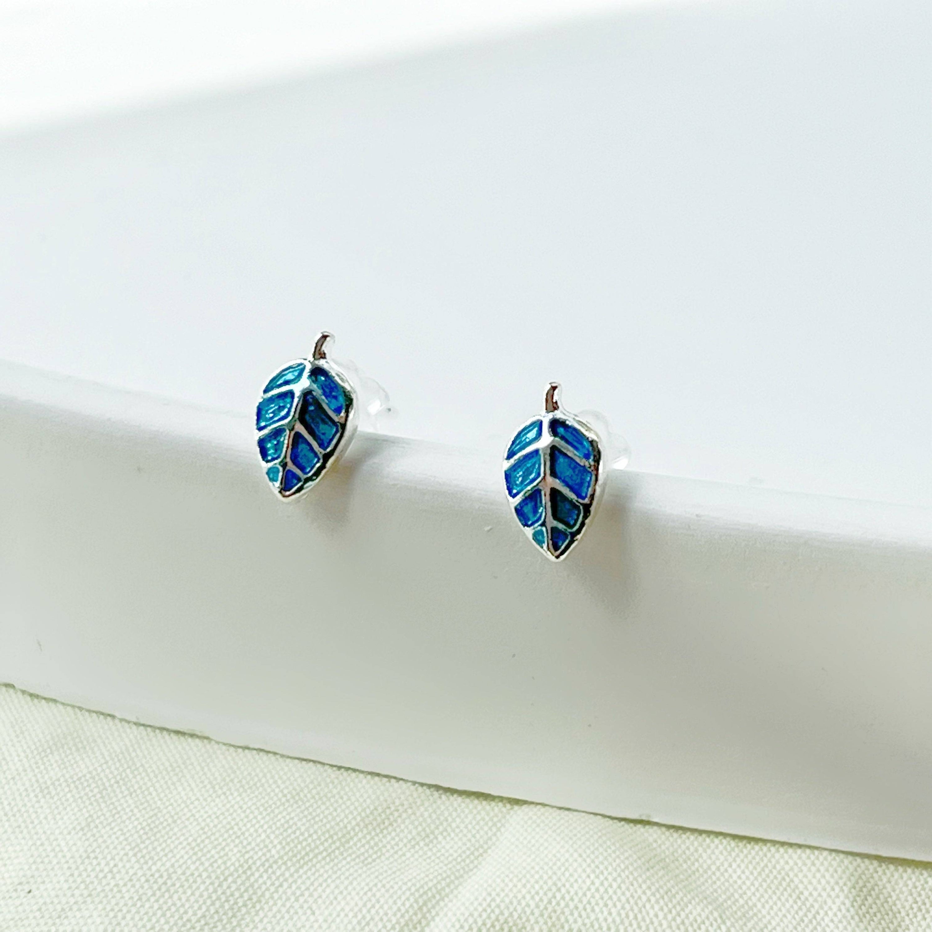 Blue Leaves Silver Stud Earrings - Hypoallergenic Sterling Silver Jewelry Bijou Her