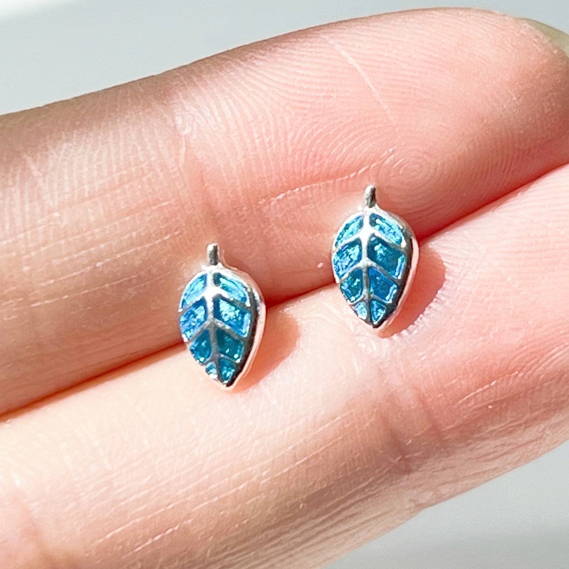 Blue Leaves Silver Stud Earrings - Hypoallergenic Sterling Silver Jewelry Bijou Her