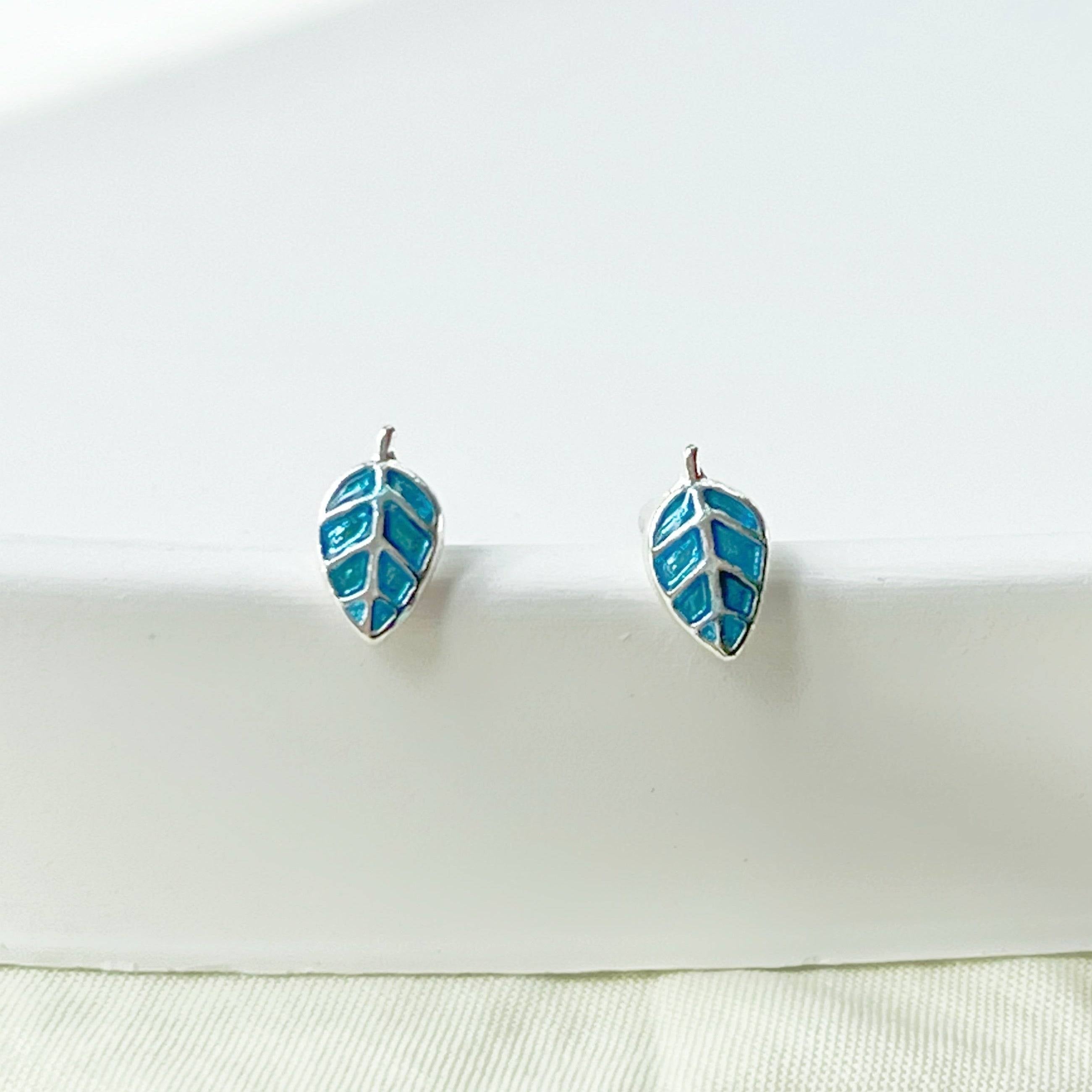 Blue Leaves Silver Stud Earrings - Hypoallergenic Sterling Silver Jewelry Bijou Her