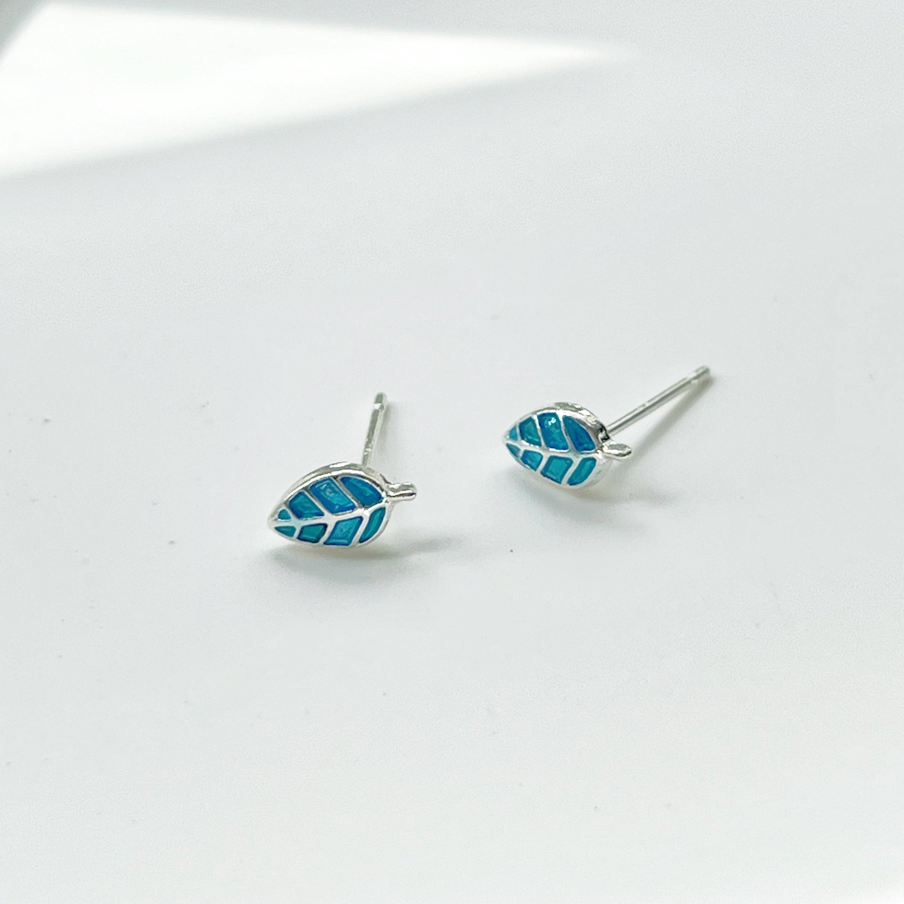 Blue Leaves Silver Stud Earrings - Hypoallergenic Sterling Silver Jewelry Bijou Her