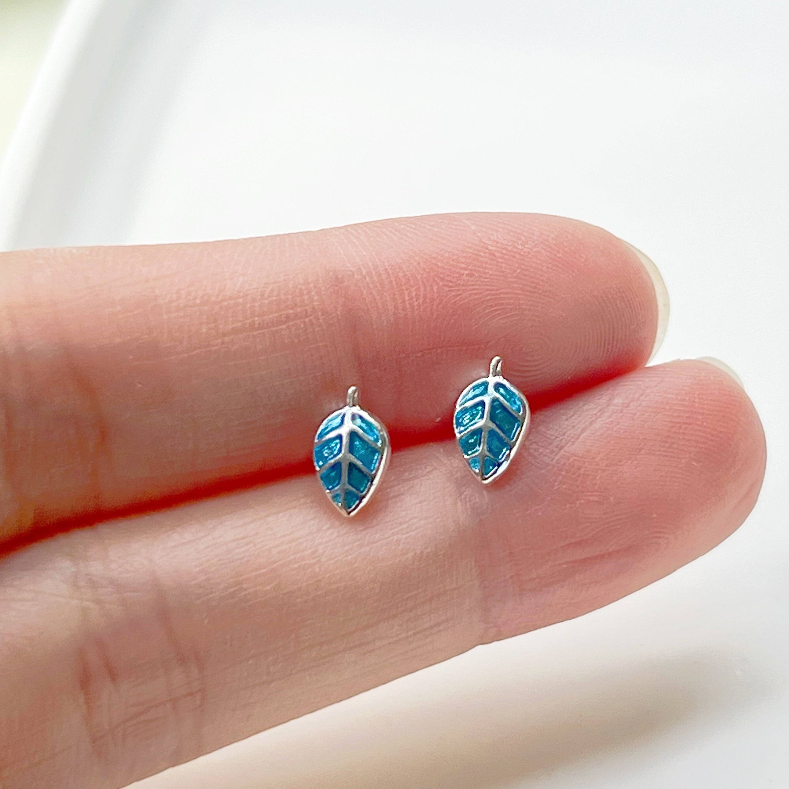 Blue Leaves Silver Stud Earrings - Hypoallergenic Sterling Silver Jewelry Bijou Her