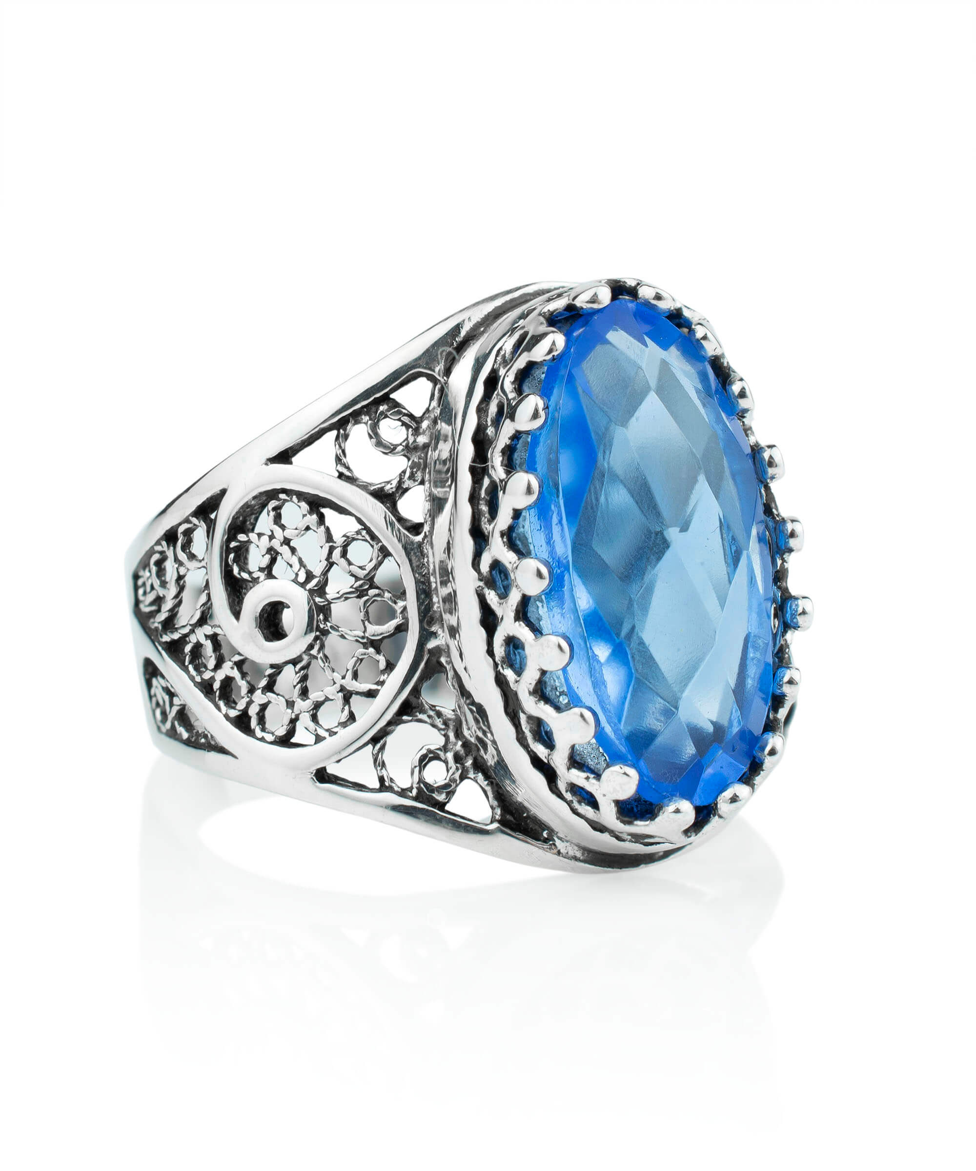 Blue Quartz Filigree Art Cocktail Ring - Sterling Silver Oval Gemstone Jewelry Bijou Her