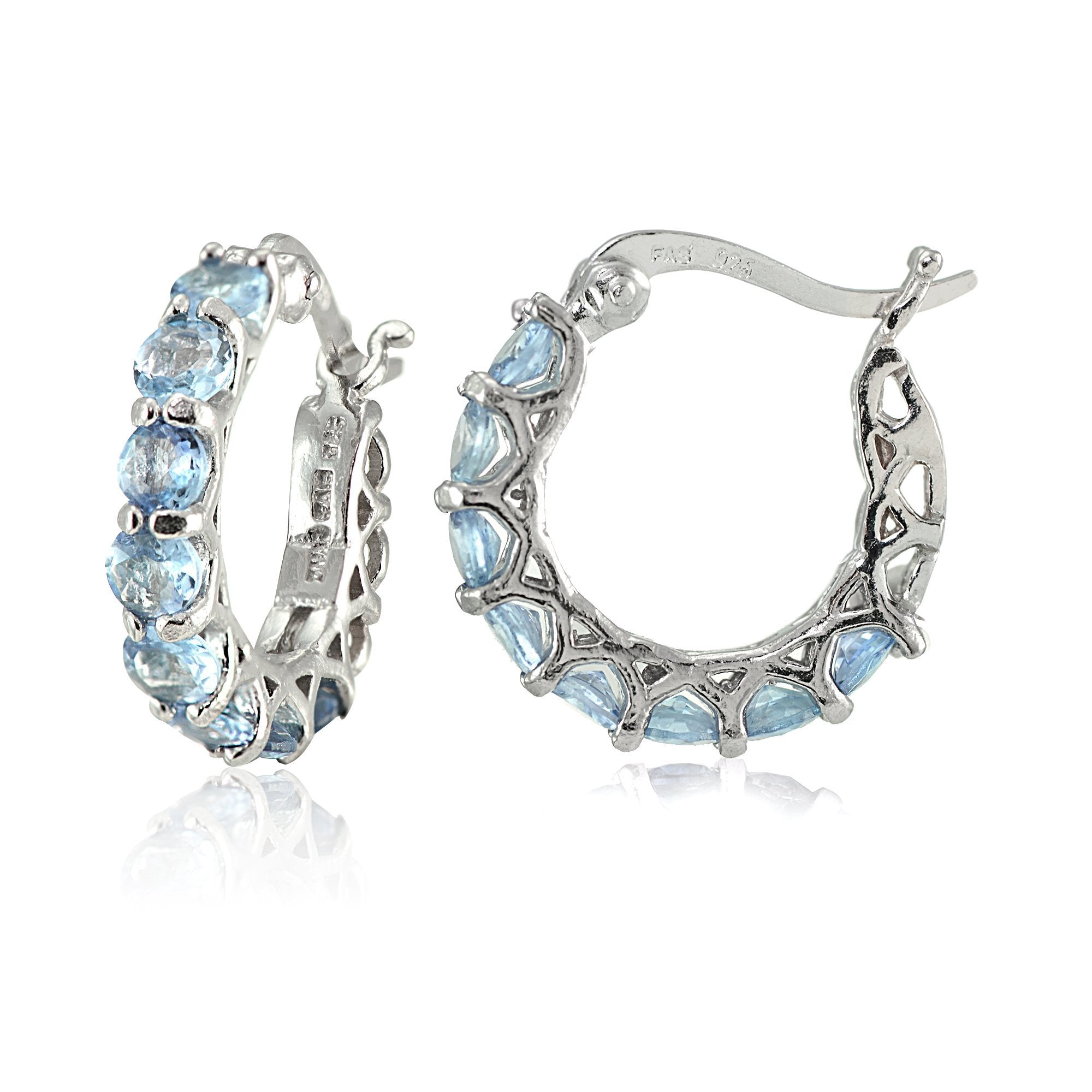 Blue Topaz Gemstone French Lock Hoop Earrings in 18K White Gold Plating - Certified, Hypoallergenic, Made in Italy Bijou Her