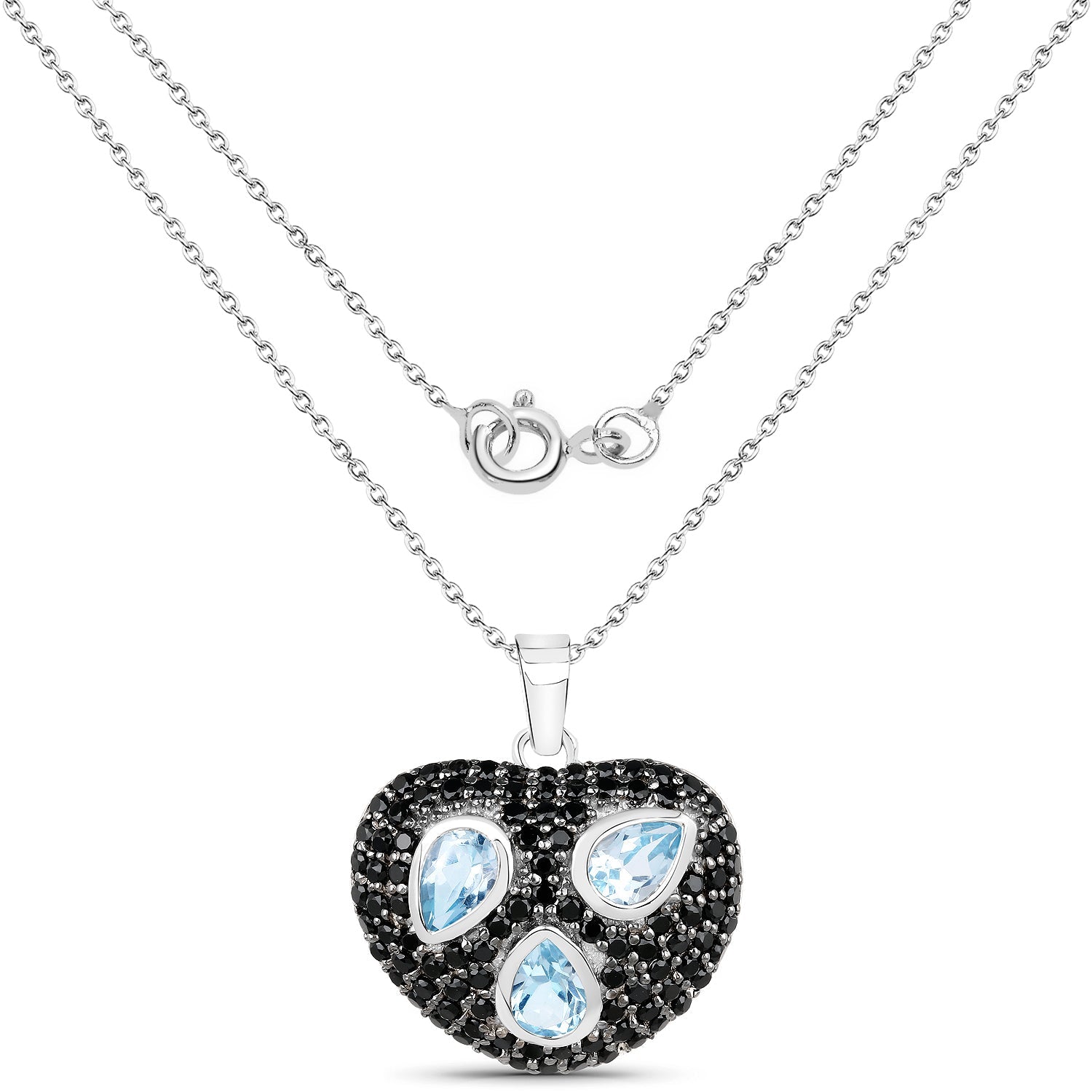 Blue Topaz and Black Spinel Heart Pendant in Sterling Silver - 3.39 ctw, December Birthstone Gift for Women Bijou Her