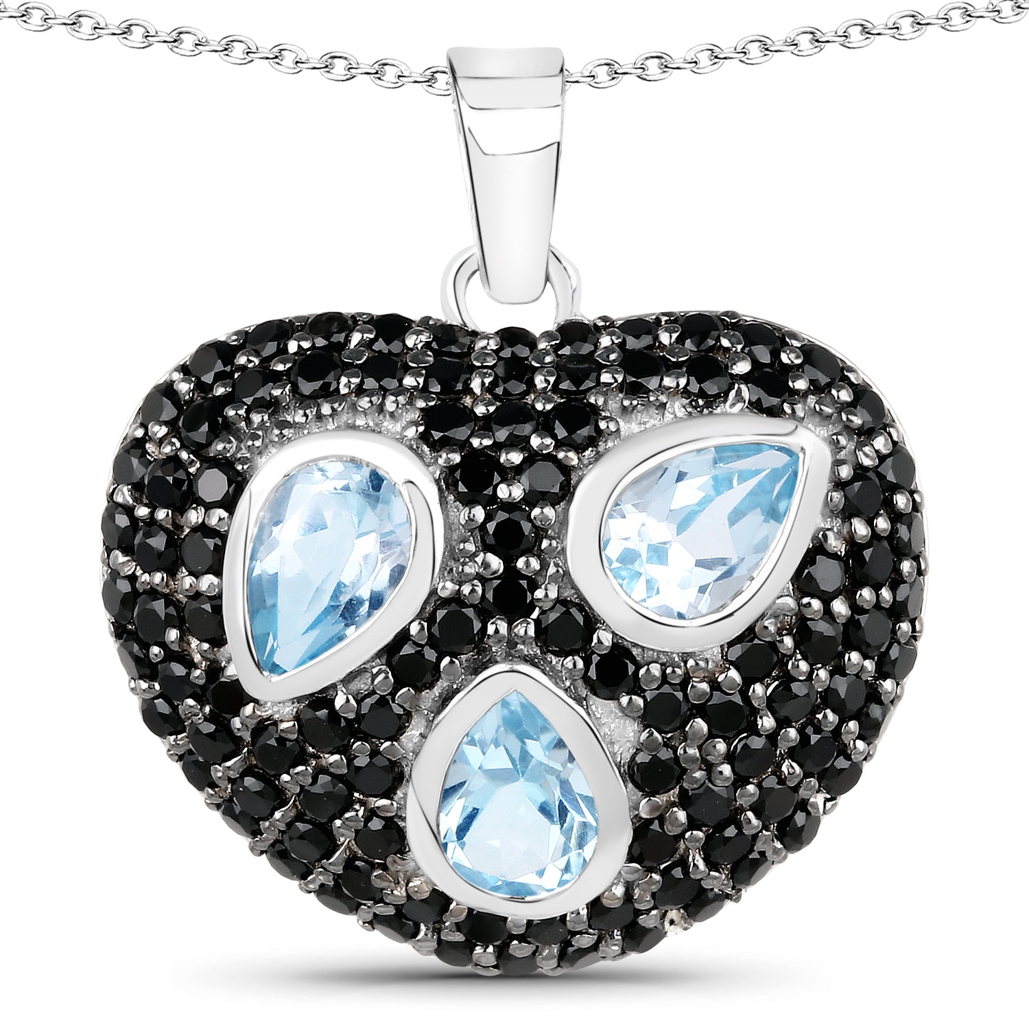 Blue Topaz and Black Spinel Heart Pendant in Sterling Silver - 3.39 ctw, December Birthstone Gift for Women Bijou Her