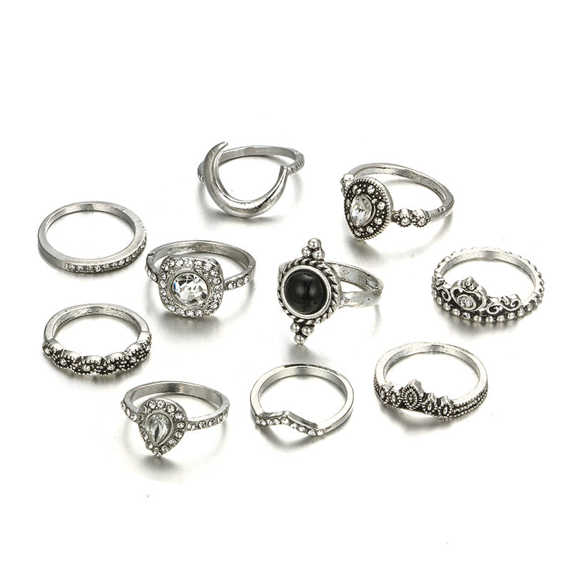 Bohemian 11-Piece Ring Set in Black and White with Micro-Pavé Crystal Setting Bijou Her