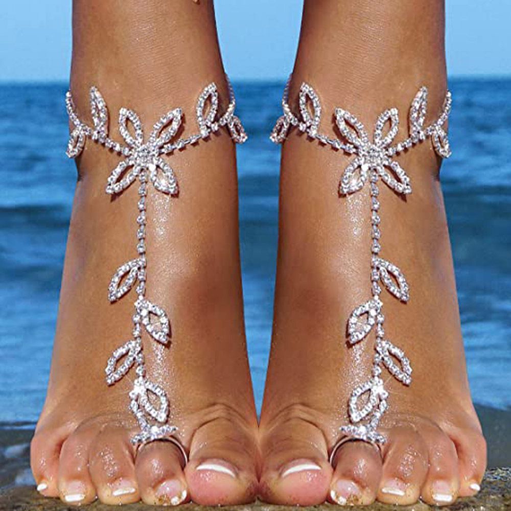 Boho Beach Wedding Anklet with Rhinestone Toe Ring & Leaf - 11 Inches, Cubic Zirconia Gemstone, Lobster Claw Closure Bijou Her