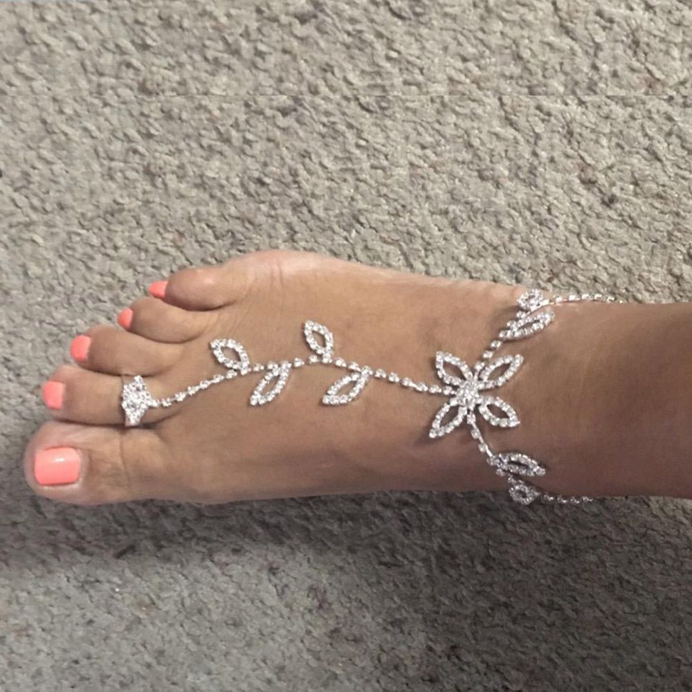 Boho Beach Wedding Anklet with Rhinestone Toe Ring & Leaf - 11 Inches, Cubic Zirconia Gemstone, Lobster Claw Closure Bijou Her