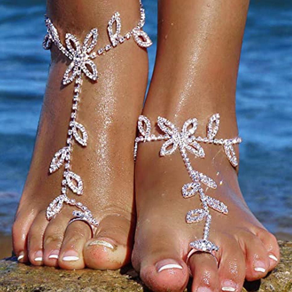 Boho Beach Wedding Anklet with Rhinestone Toe Ring & Leaf - 11 Inches, Cubic Zirconia Gemstone, Lobster Claw Closure Bijou Her