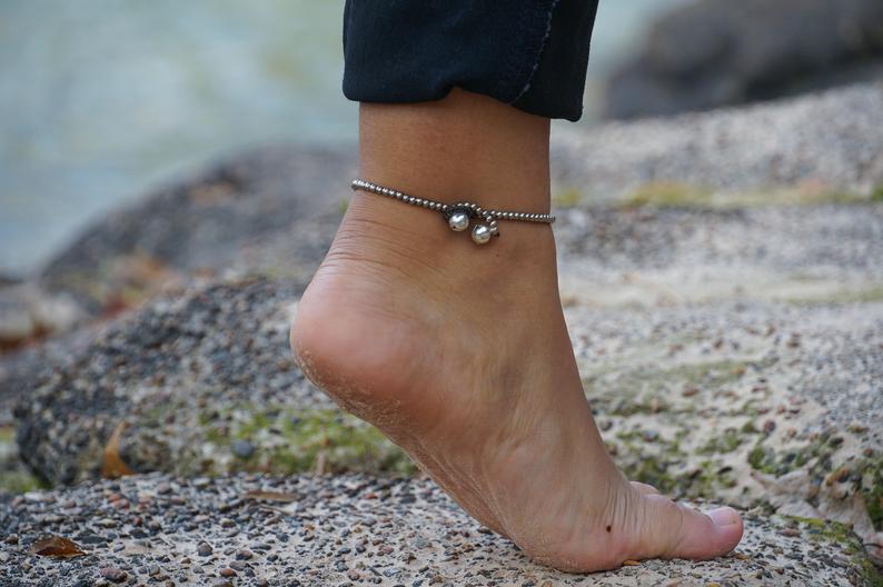 Boho Elephant Silver Anklet - Handcrafted by Thai Artisans with Bead Design and Ball Closure Bijou Her