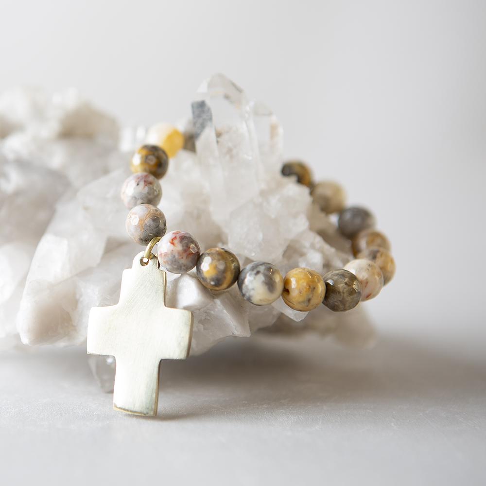 Bold Brass Cross Bracelet with Natural Mexican Agate Stones Bijou Her