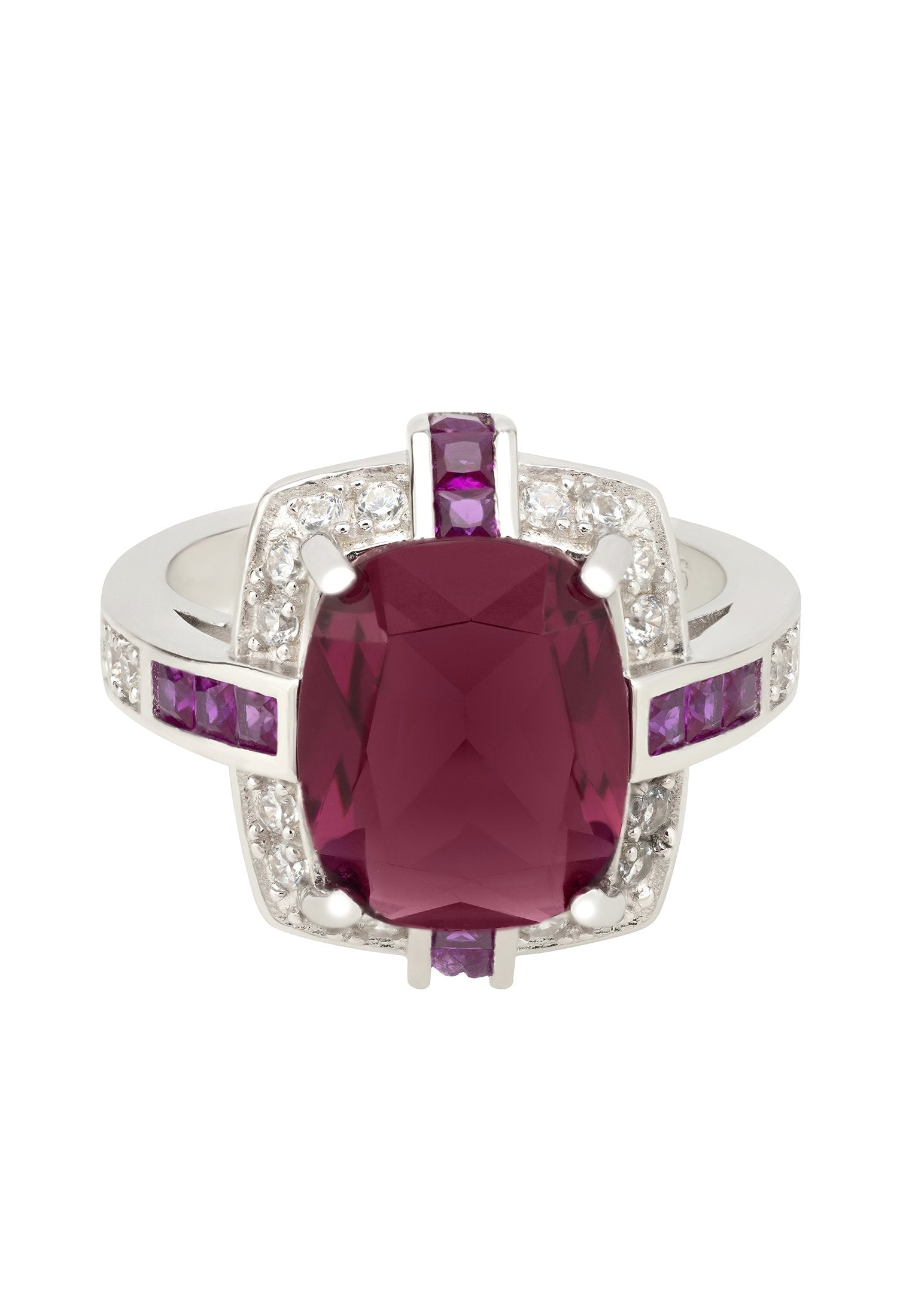 Bold Ruby Cocktail Ring with Zircons and Cushion Cut Rubies - Handcrafted in Sterling Silver for Statement Jewelry Lovers Bijou Her