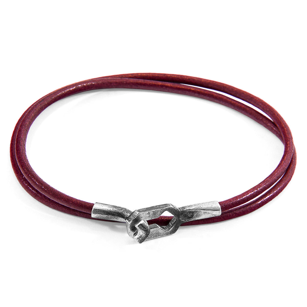 Bordeaux Red Tenby Silver and Leather Bracelet: Handcrafted in Great Britain with Sterling Silver Clasp and Smooth Leather Bijou Her