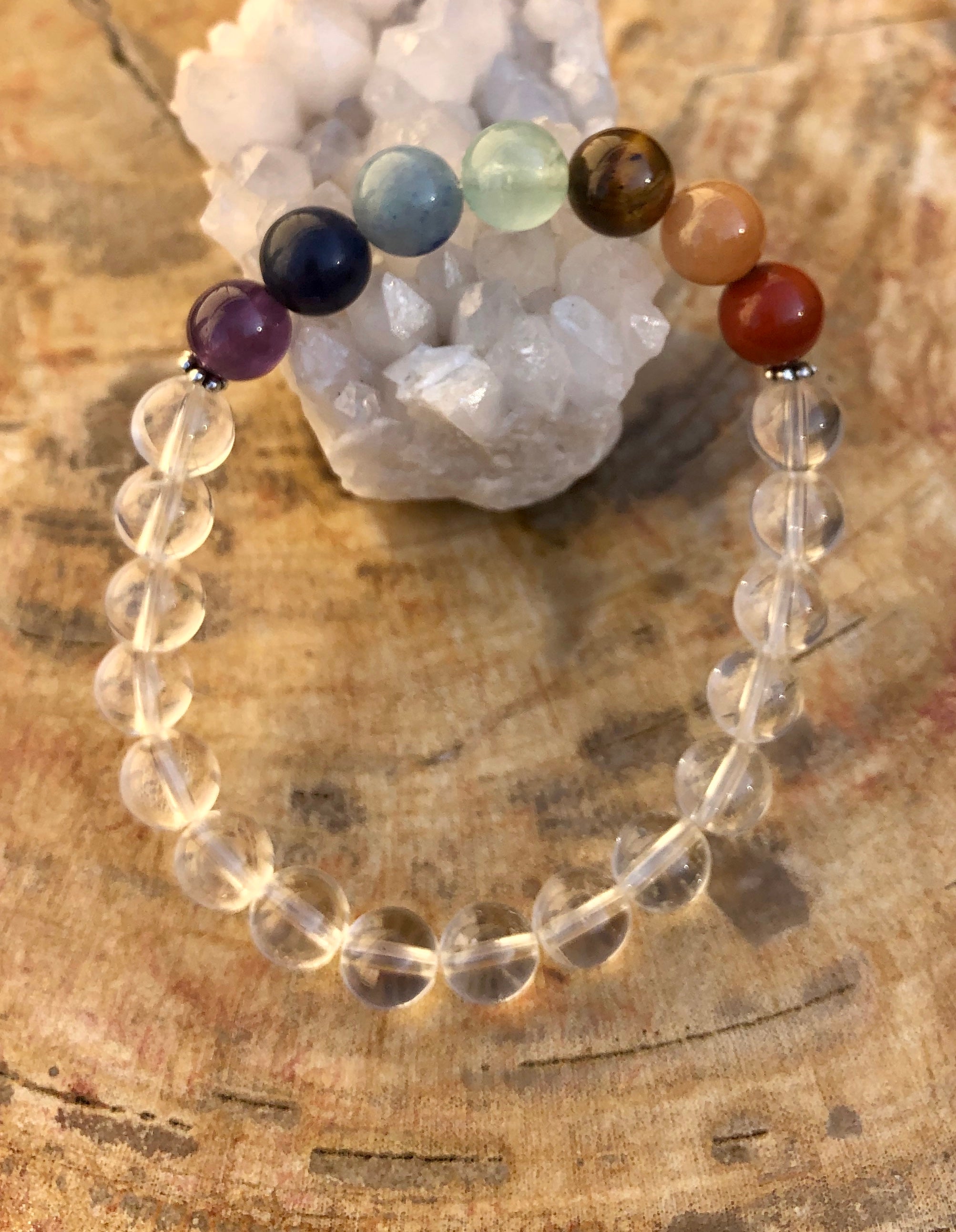 Brazilian Crystal Quartz & Chakra Stretch Bracelet - Handmade Natural Gemstones for Spiritual & Physical Healing Bijou Her