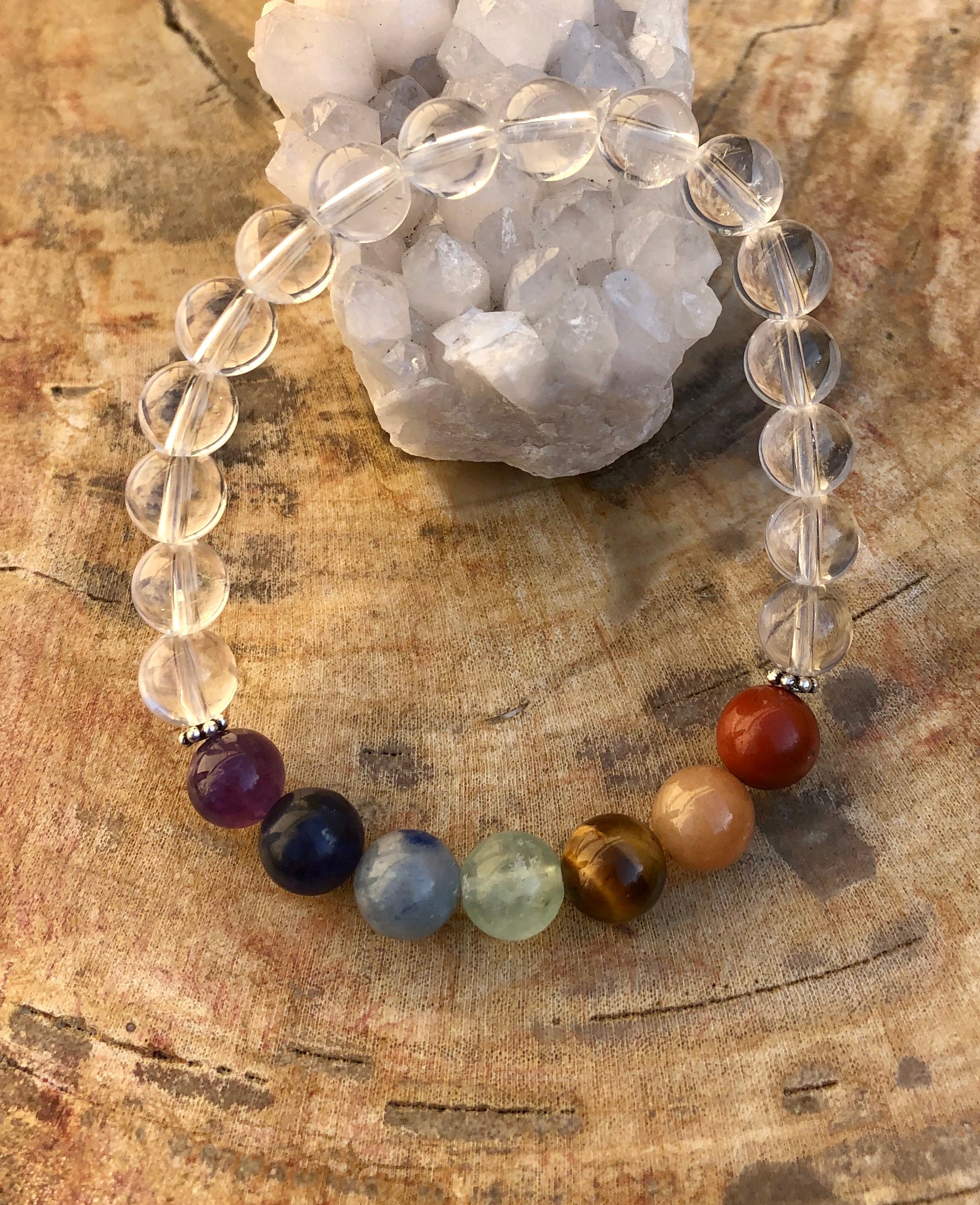 Brazilian Crystal Quartz & Chakra Stretch Bracelet - Handmade Natural Gemstones for Spiritual & Physical Healing Bijou Her