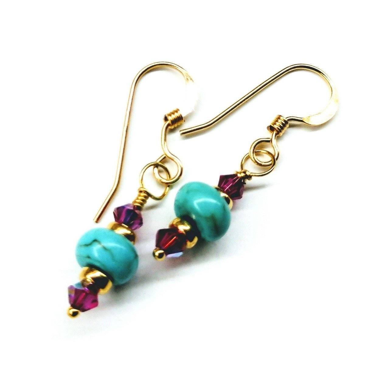 Bright Pink and Turquoise Gold-Filled Earrings with Swarovski Crystals and Heishi Beads Bijou Her