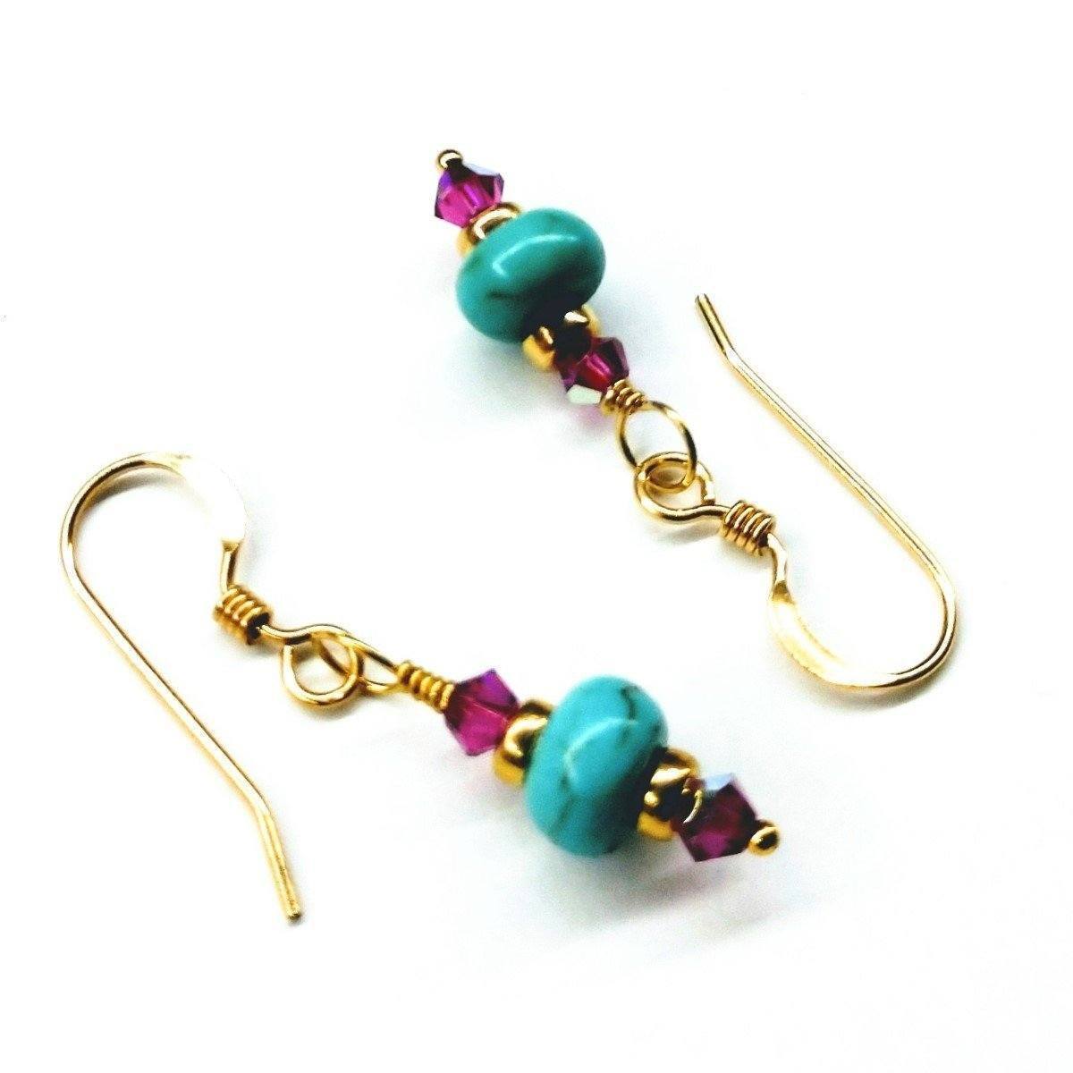 Bright Pink and Turquoise Gold-Filled Earrings with Swarovski Crystals and Heishi Beads Bijou Her